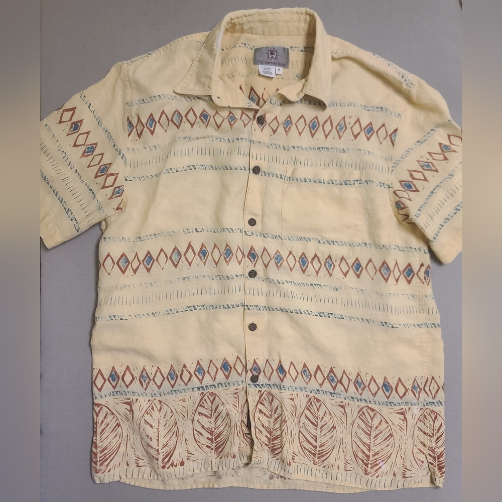 Yellow Patterned Short Sleeve Shirt Linen XL